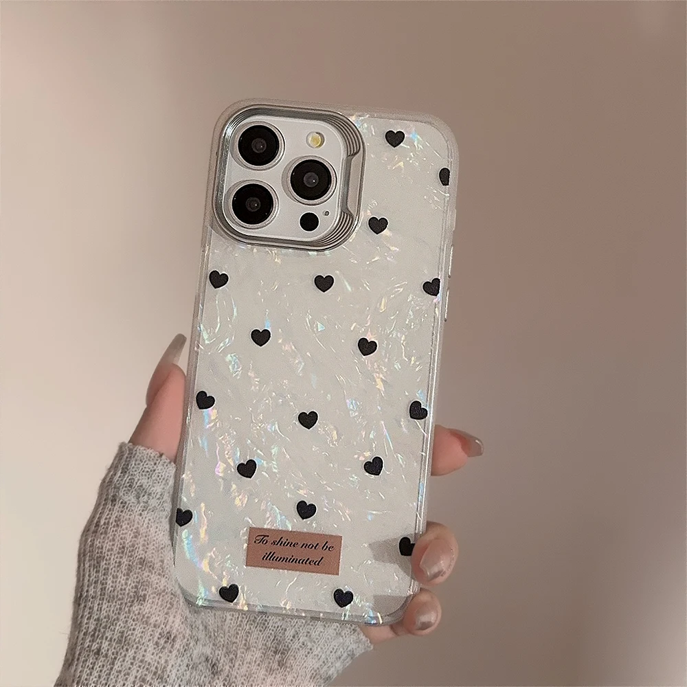 Korea INS Full Screen Black Love Heart Laser Phone Case for iPhone 15 14 13 Pro Max Pro 12 11 Back Cover
