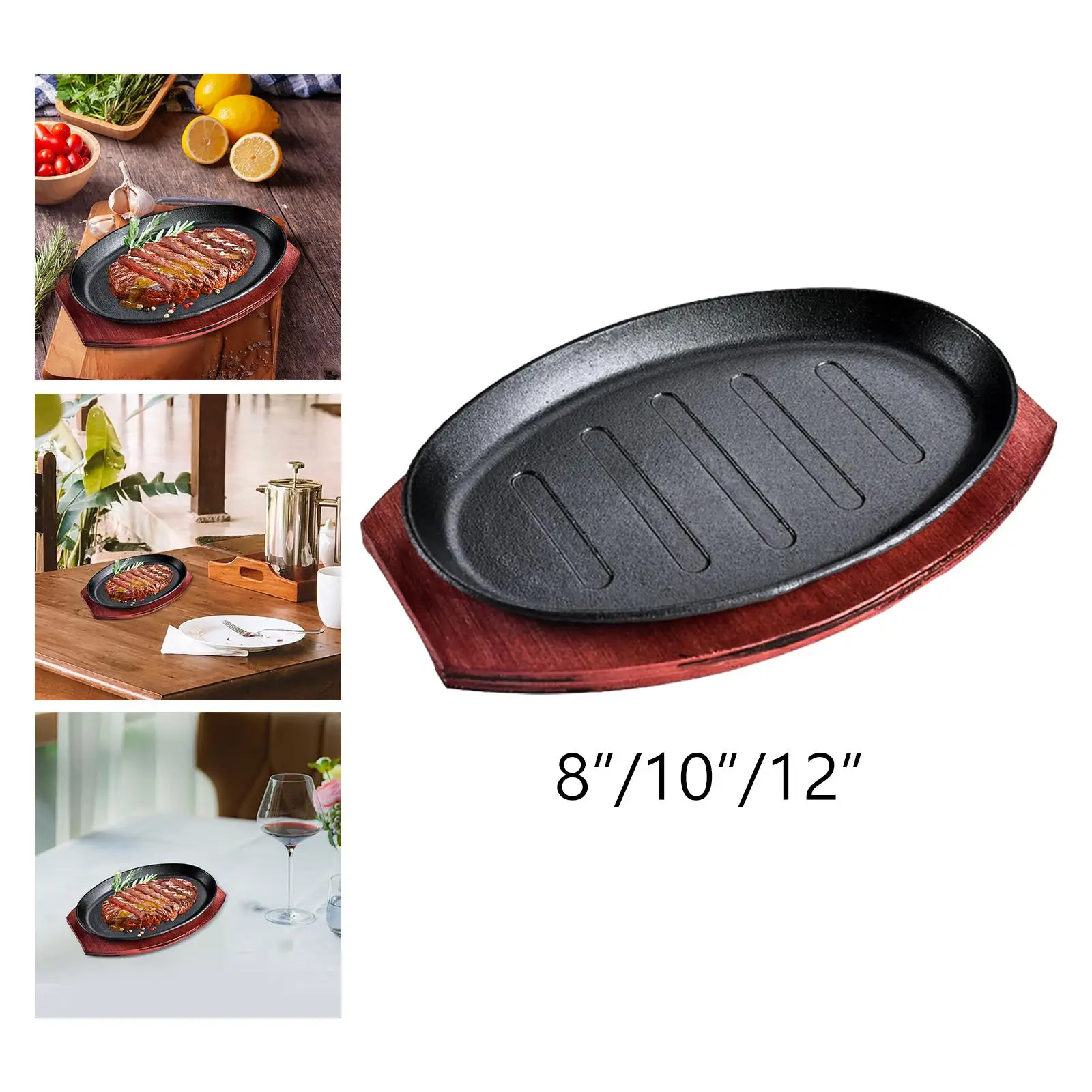 Griddle Steak Fry Plate Veggies Meats Grill Plates with Bamboo Tray Nonstick Gratin Dish Fajita Pan for Kitchen Home Restaurant