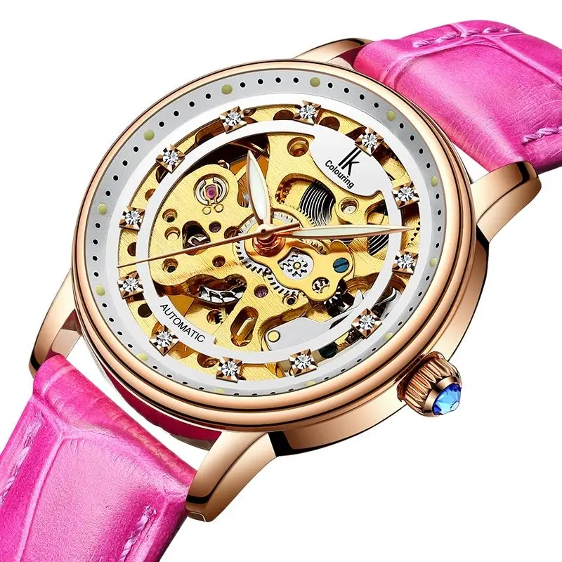 

Luxury Brand IK Colouring Automatic Mechanical Women's Watches Diamond Waterproof Skeleton Leather Ladies Wristwatches 98465-1