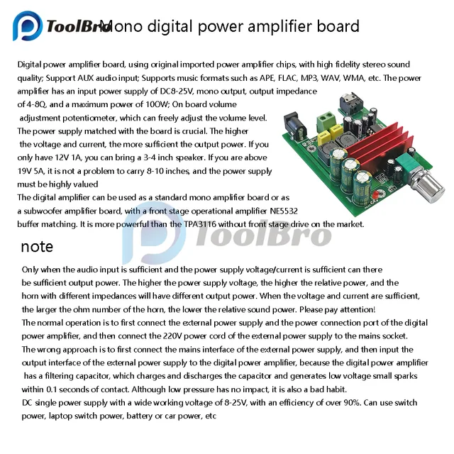 thumbnail image 2 of Nobsound Latest Mini 100W Subwoofer / Full Frequency Power Amplifier Mono Channel Audio TPA3116D2 Amp 2 of 10