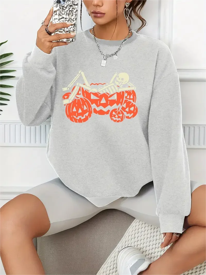 Pumpkins Print Pullover Casual Loose Fashion Long-Sleeved Sweatshirt Solid Color Women's Clothing