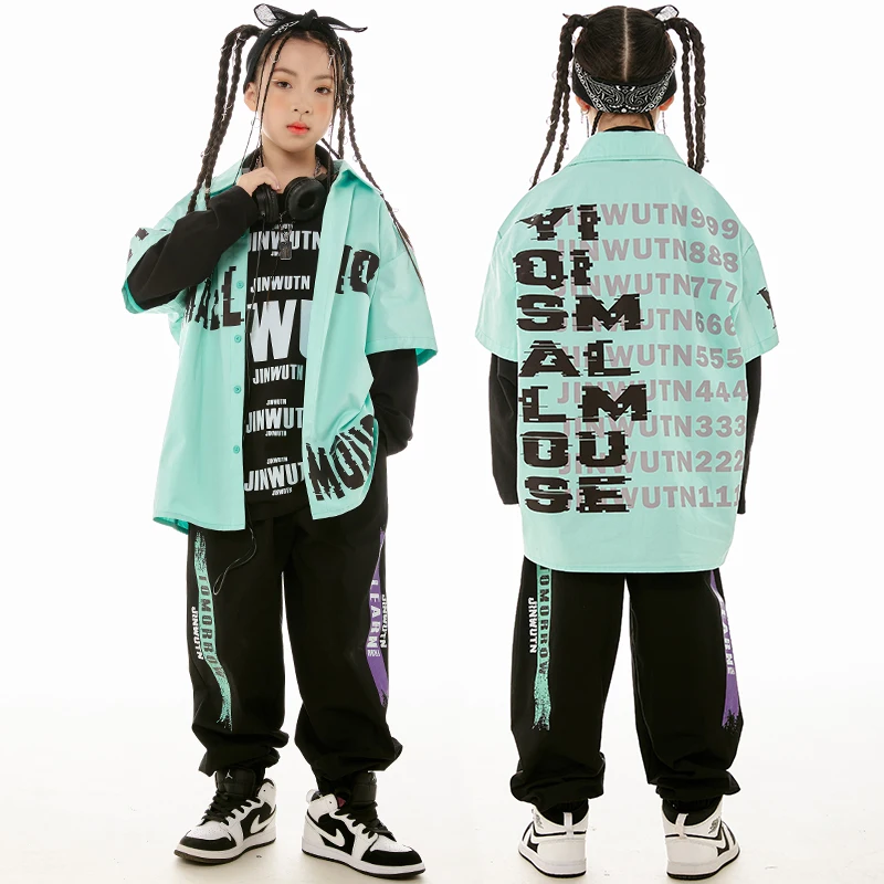 

Boys Hip Hop Costume Girls Modern Dance Clothes Letters Printed Shirt Black Pants Jazz Dance Performance Practice Wear BL11842