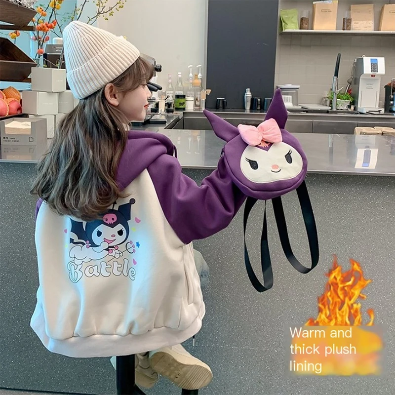 

2023 Kuromi Sanrio Kawaii Anime Winter Children Plus Velvet Coat Cute Cartoon Thick Matching Color Hoodie Clothes Toys for Kids