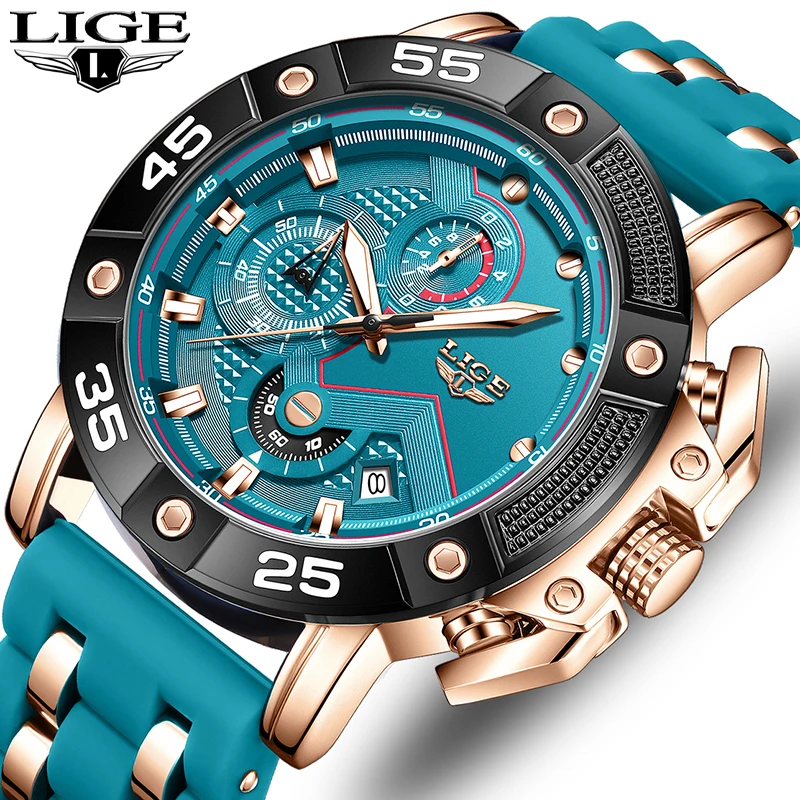 New Original LIGE Brand Luxury Quartz Watches For Men Fashion Military Silicone Big Dial Watch Men Sports Waterproof Chronograph