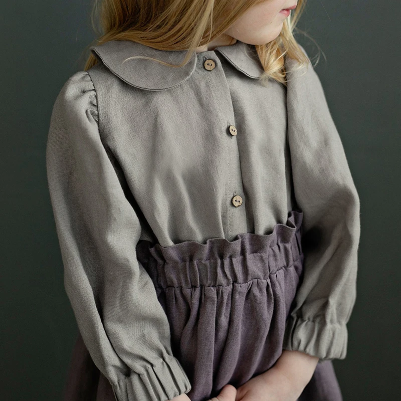 Autumn Retro Girls Long-Sleeve Cotton And Linen Shirts Buttons Baby Girl Casual Doll Collar Lantern Sleeve Tops TZ151 Kids Shirts