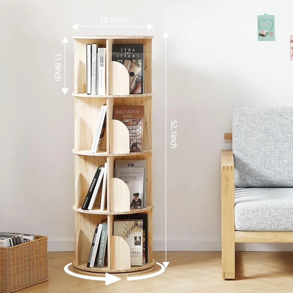 Rotating Bookshelf Tower, 4 Tier 360 Display Spinning Bookshelf, Solid Wood Narrow Book Shelf Organizer for Kid Adult 2