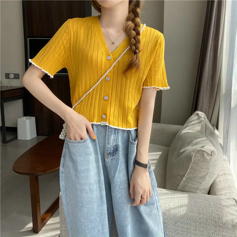 

Women Lady Yellow Tank KnittedTops Female Solid Short Sleeve Slim Top Girl T-shirt Casual Tank Short Tops Summer Clothes Cloth