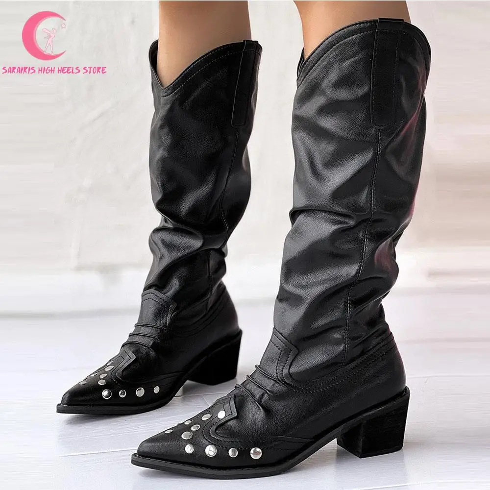 

Studded Ruched Cowboy Vintage Women Long Boots Fashion Chunky High Heeled New Mid Calf Boots Pointed Designed Shoes For Women
