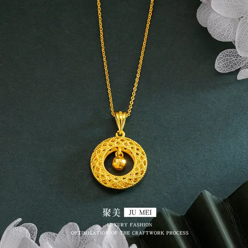 High quality 999 spiral bead safety buckle womens clavicle chain floral wire hollow round necklace 18K real gold jewelryGift