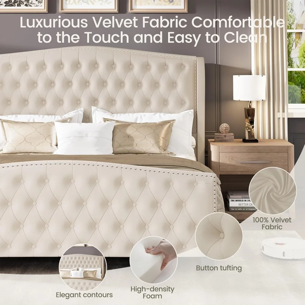 King Size Bed Frame Velvet Upholstered Platform Beds with Wingback Headboard & Footbaord, Deep Button Tufted King Bed Frame 5