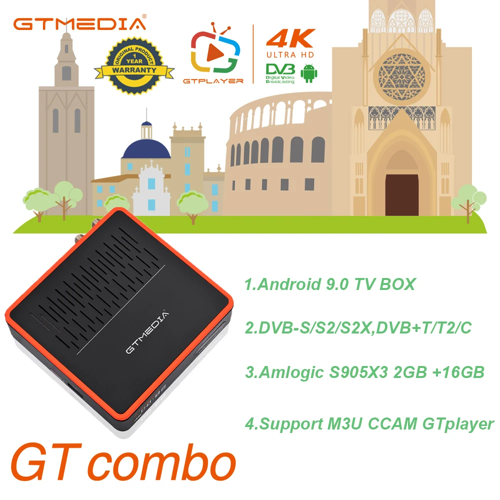 

ТВ-приставка GTMEDIA GT COMBO, Android 9,0, с фотографией, S2/S2X,DVB + T/T2/C, Android-приставка с спутниковым ресивером, 4K HD BT4.1, 2 + 16 ГБ, GTPlayer CCAM