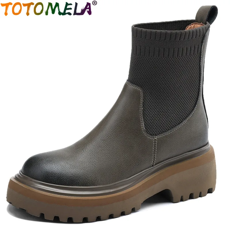 

TOTOMELA 2024 New Genuine Leather Slip On Winter Boots Square High Heels Ankle Boots Top Quality Female Platform Chelsea Boots