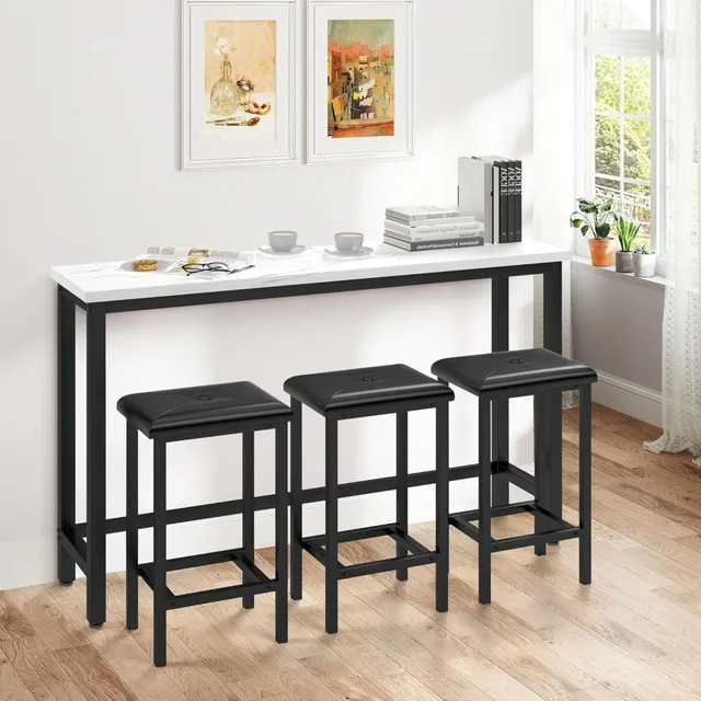 4-Piece Bar Table and Chairs Set with 3 PU Upholstered Bar Stools, 60.2 Faux Marble Table Top, Modern Counter Height Tab