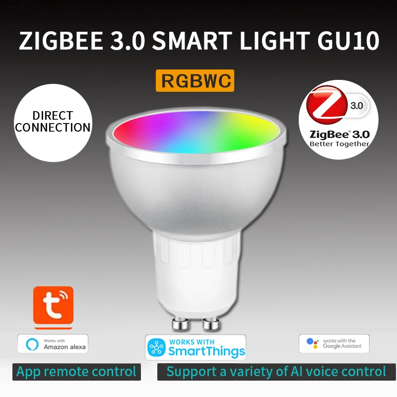 

3,0 умная лампа RGB + CW Dimmable Tuya GU10 умная лампа Голосовое управление работает с приложением SmartThings Alexa Home