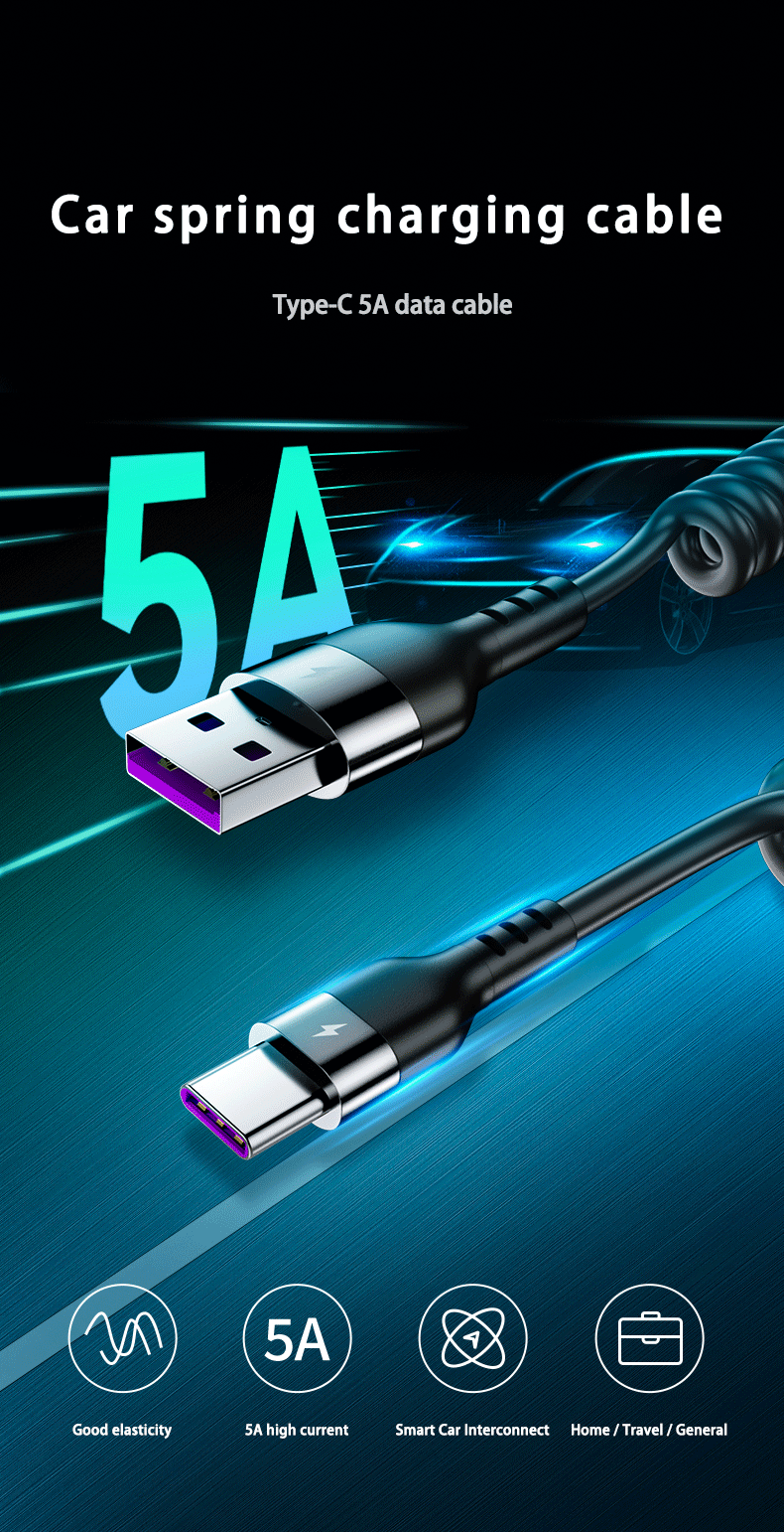 66W 5A شحن سريع نوع C كابل نابض تلسكوبي شاحن هاتف سيارة شاومي ريدمي USB C كابل