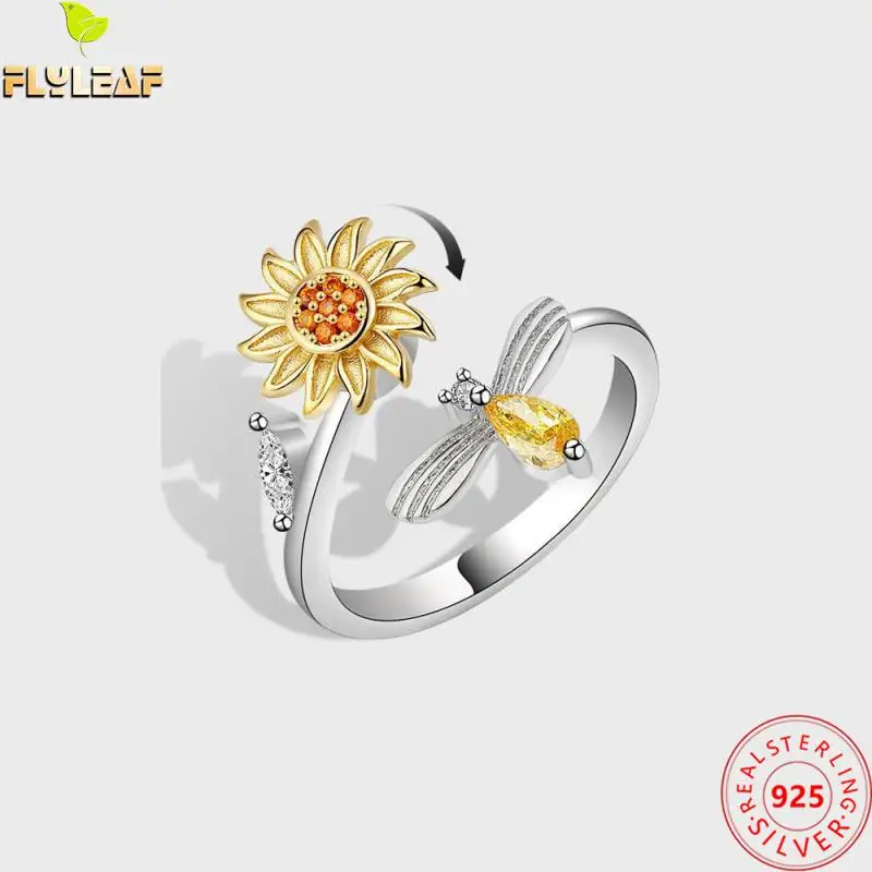 

Real 925 Sterling Silver Jewelry Sun Flower Rotate Open Anxiety Rings For Women High Quality Femme Decompress Accessories 2022