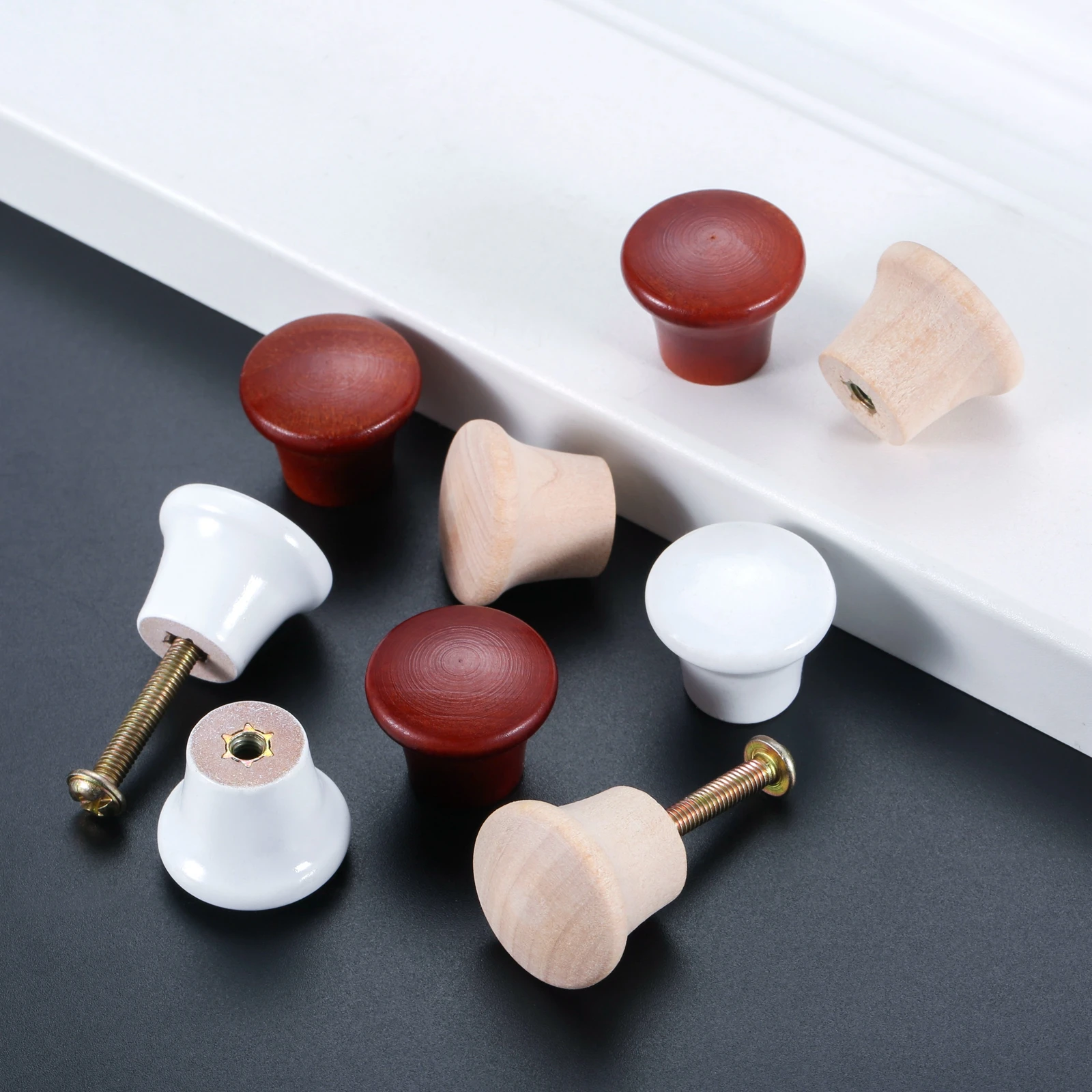 5pcs Mini Wooden Pull Knobs with Screws 23*20mm Round Single Hole Decorative Handles for Cabinets Drawer Dresser Wardrobe Closet