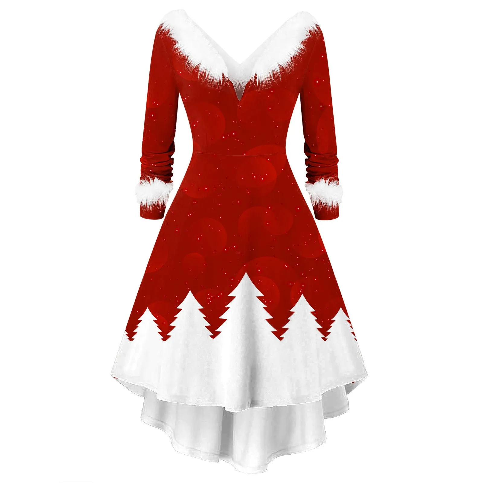 

Christmas Rockabilly Dress Women Slim Fur Collar Santa Claus Print Dress Long Sleeve Evening Swing Dress Elegant Party Vestidos