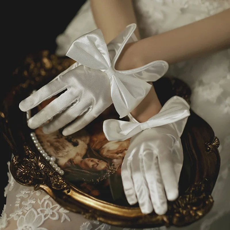 Women Short Full Fingers Bow Wrist Elegant White Ivory Satin Bridal Wedding Gloves Dress Accessories Prom Dancing Dinner