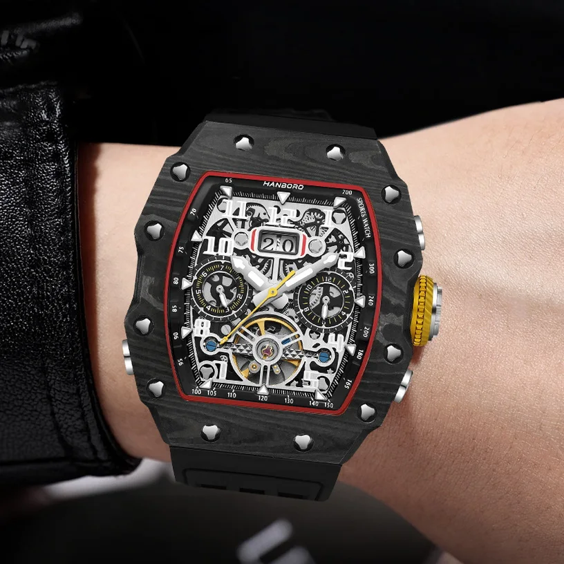 HANBORO Men Automatic Watch Luxury Mechanical Wristwatch Luminous Tonneau Waterproof Carbon Fiber Multifunction Dial Month Week
