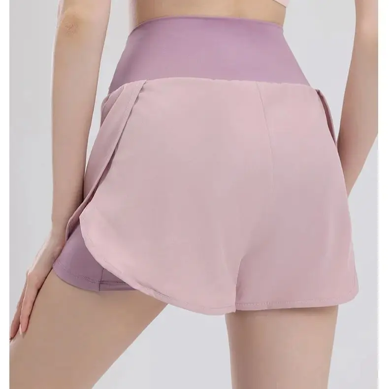 Sports Shorts Women Slim Quick Dry Running Fitness Fake Two Pieces Anti-Glare Breathable High Waist Yoga Pants Bottom Pants Gym