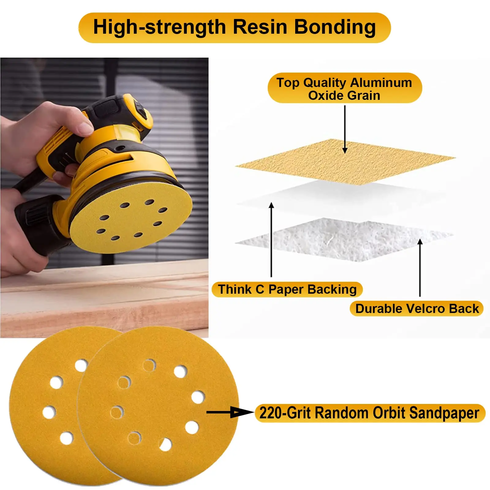 5 Inch 8 Hole Hook and Loop Replacement Sanding Pad 22 Pcs with 220 Grit Sandpaper for Dust Collection and Polishing Car Wood