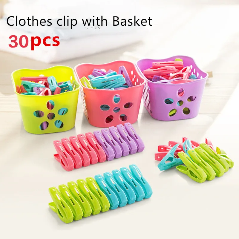 

30pcs Laundry Clothes Pins With Basket Hanging Pegs Clips Household Food Clip Clothespins Socks Underwear Drying Rack Holder