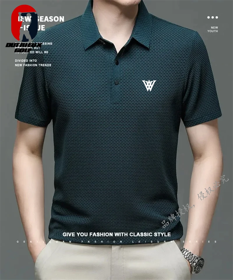 

Golf Suit Men's Flip Collar Ice Silk Small Grid Shirt 2024 Summer New Fashionable Sports Breathable POLO Short Sleeved T-shirt