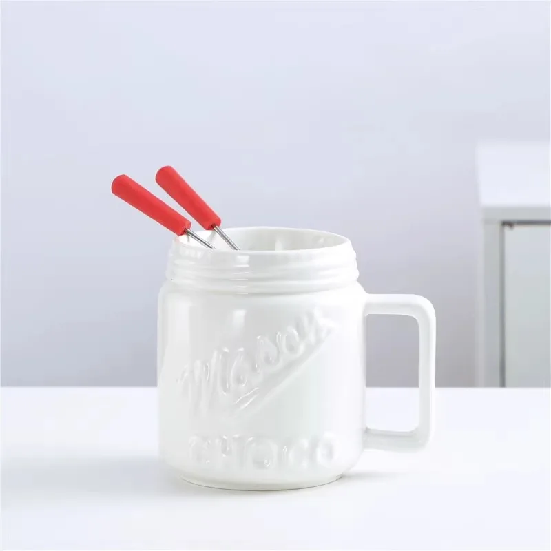 Description Picture 4 of itemCrerative Ceramic Chocolate and Cheese Fondue Maker Fondue Mug Set with Dipping Forks Melting Pot Furnace