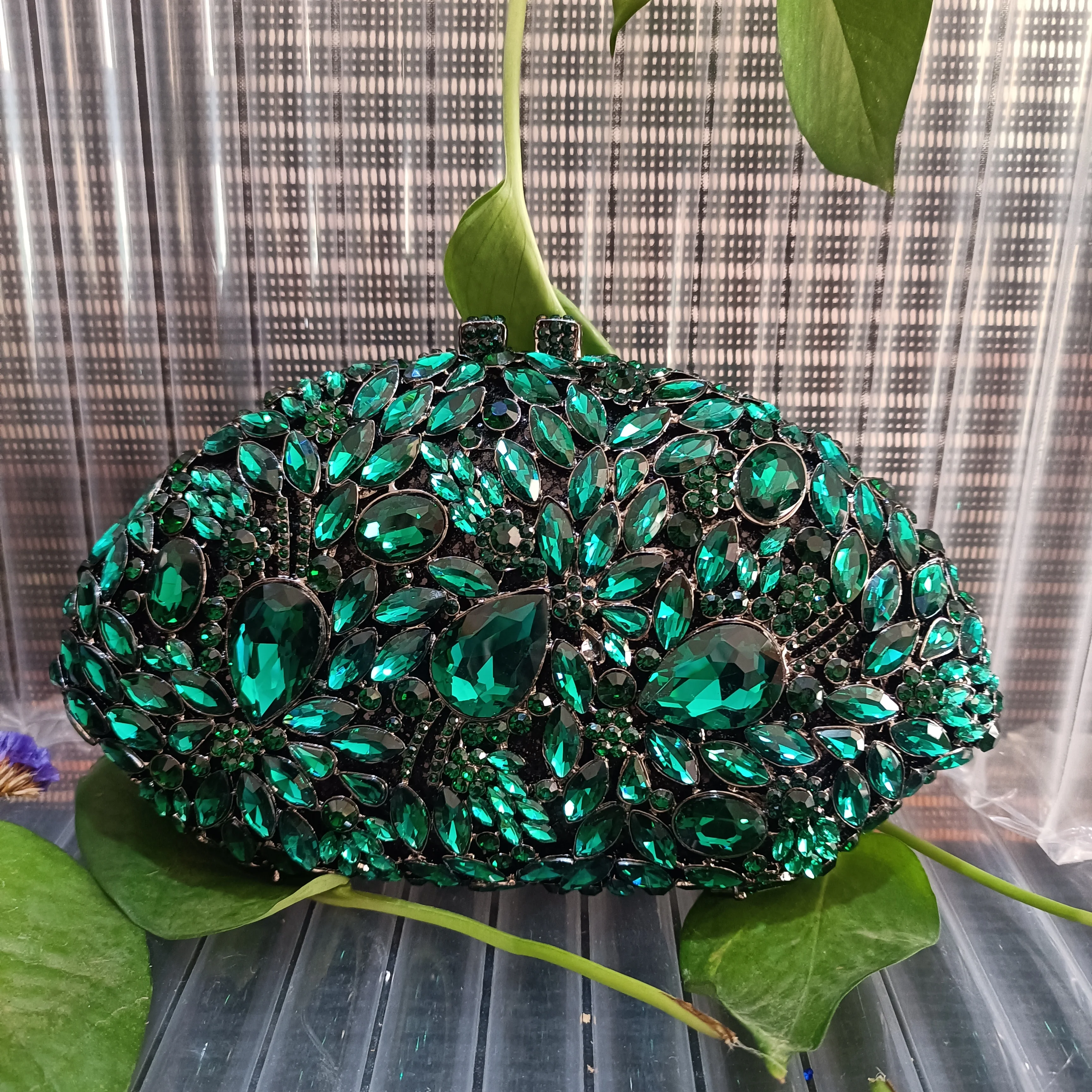 Emerald Green Flower Stones Minaudiere Clutch Silver Crystal