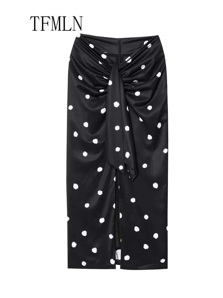 TFMLN 2025 Summer Dot Printed Midi Skirts For Women Elegant Causal Back Zipper Skirts Fashion Chic High Street Folds Skirt