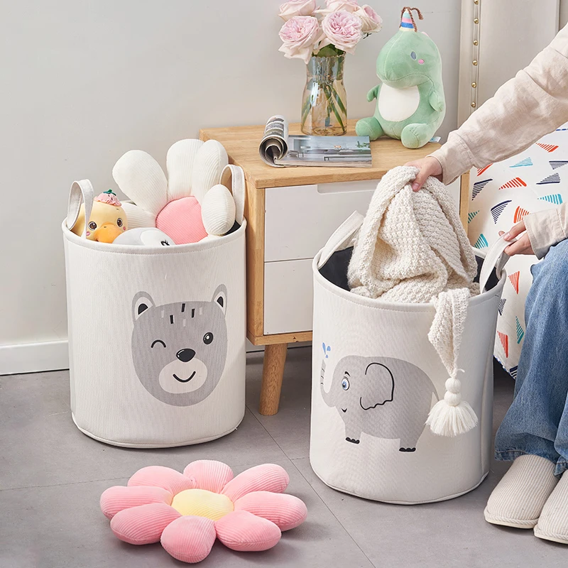 Round Laundry Hamper Fabric Cartoon Lion Rabbit Elephant Bear Storage Basket for Kids Home Bedroom Nursery Clothes Toy Container 2