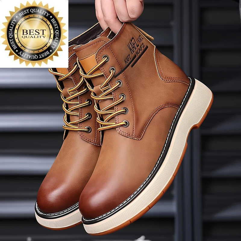

Classic New Men's Genuine 2023 Leather Boots Thick Sole High Top Shoes Fashion Knight Outdoor Work