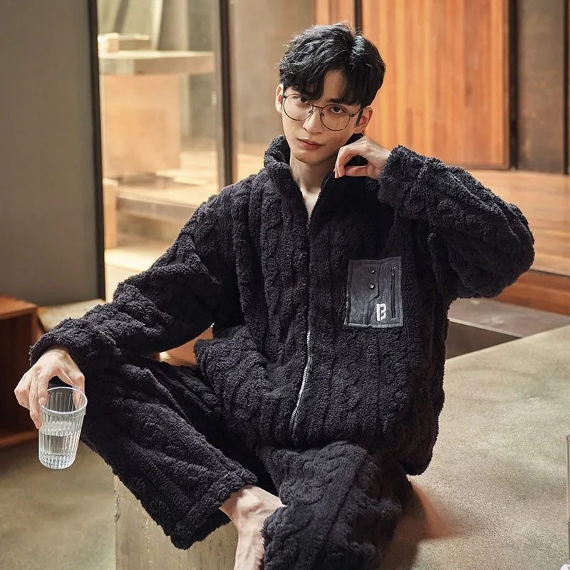 2024 New Coral Fleece Men's Pajamas Autumn Winter Sleepwear Thick Warm Homewear Stand Collar Zipper Flannel Warm Loungewear Set