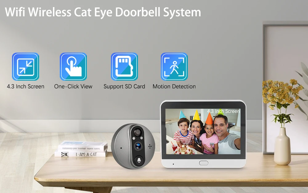 Front view of WiFi peephole camera installed on a door
