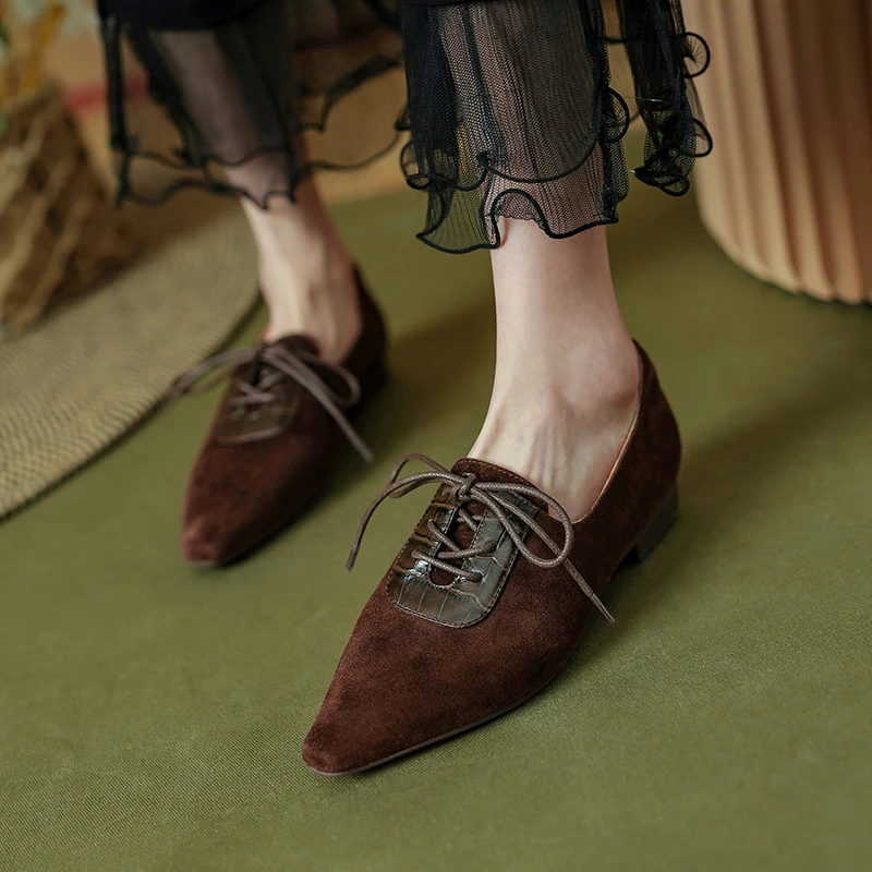 

Женские простые туфли на плоской подошве со шнуровкой и острым носком, новая весенняя Винтажная обувь из овечьей замши, элегантная женская обувь во французском стиле
