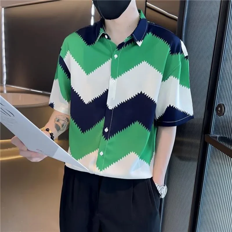 

Men's Shirt Graphic Spliced Striped Short Sleeve Male Shirts Trendyol Xxl Korean Style Cheap Things with Free Shipping Social I