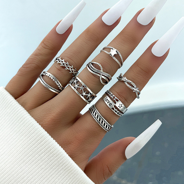 Punk Metal Multi Element Ring Set For Women Men Antique Silver Butterfly Snake Skull Finger Rings Gothic Jewelry Gift