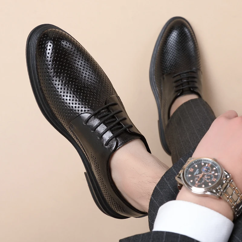 Mens Leather Dress Shoes Summer Elevator Shoes Men Dress Shoes 3/6/8 Cm Men Formal Hollow Classic Business Luxury Oxfords Footwear Suit
