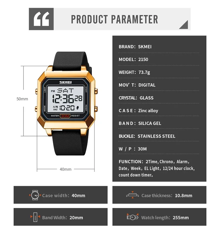 SKMEI 2150 LED Square Countdown Electronic Watch for Men Display Digital Sports Waterproof Mens Wristwatches Clock Reloj Hombre
