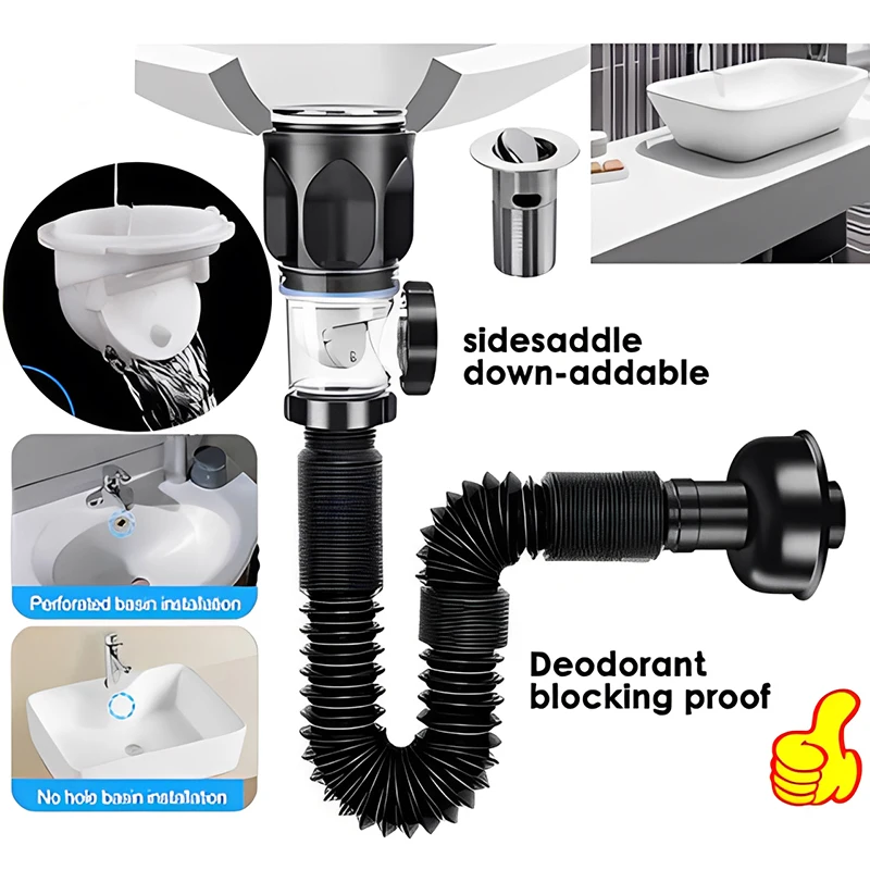 Retractable Flip-Top Drain Pipe Set with Anti-Odor and Clog Prevention Features