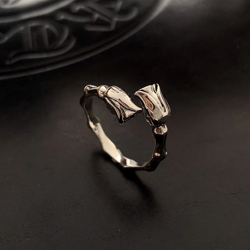 Retro Rose Bud Adjustable Open Ring For Women Punk Gothic Edgy Jewelry Handmade Flower Accessories Romantic Gift For Lovers