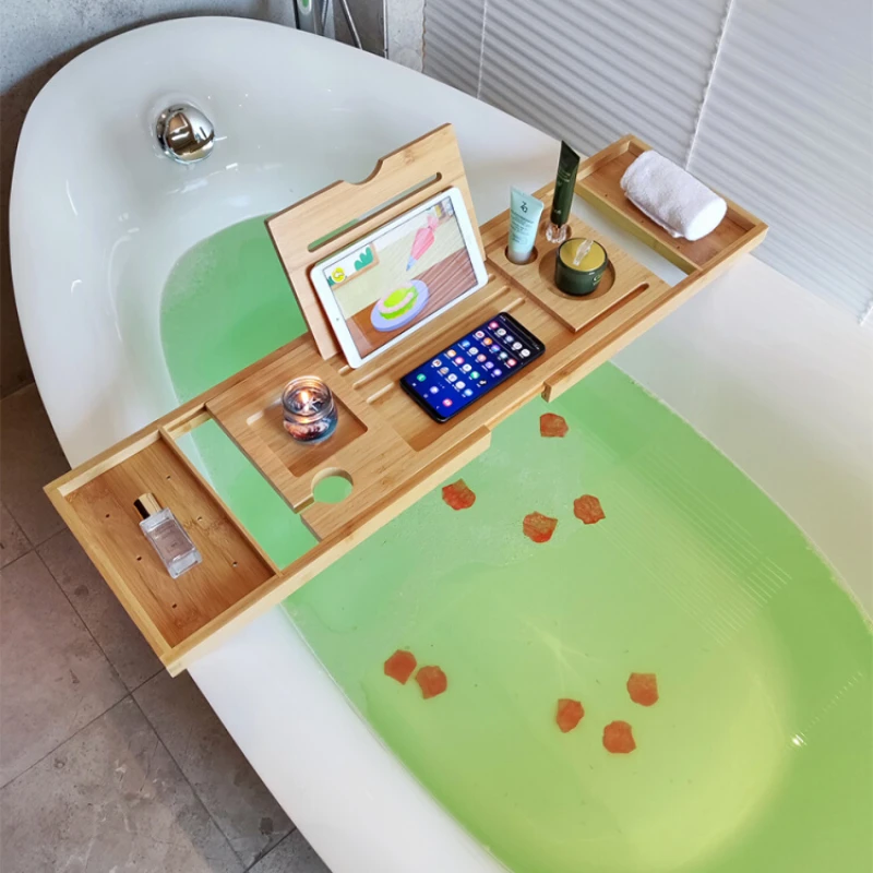 Extendable Spa Bathtub Bamboo Tray Bathtub Caddy Organizer Rack Book Wine Tablet Holder Non-slip Bottom Bath Tub Tray