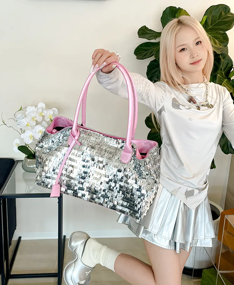 JIAERDI Shine Beading Silver Shoulder Bags Purse Women 2025 New Large Capacity Casual Handbag Ladies Vintage Tote Bag Aesthetic