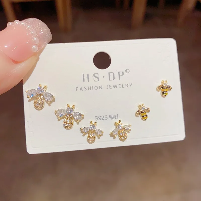 6Pcs/set Bee Animal Zircon Earring Sets for Women Exquisite Fashion Gold Color Stud Earrings Grils Birthday Gifts