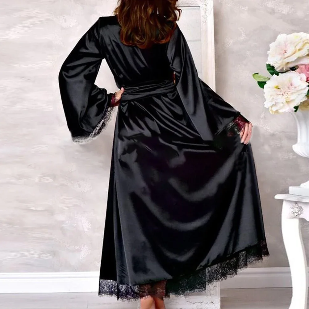 Women Long Bathrobe Kimono Robe Satin Nightdress Nightgown Nightwear Sleepwear Soft Sexy Home Perspective Cardigan Nightwear