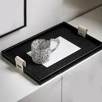 Black/Beige Woven Leather Storage Tray Handmade Rectangle Leather Wooden Tray with Handle Cake Fruit Dessert Tray Water Cup 1