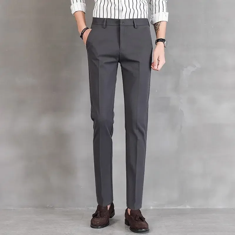 thumbnail image 1 of Pantalones de oficina rectos y elásticos de 9 pulgadas recortados para hombre, pantalones de trabajo para hombre, pantalones de traje elásticos con trenzas, ajustados, baratos, para vestir, informales, 1 of 4