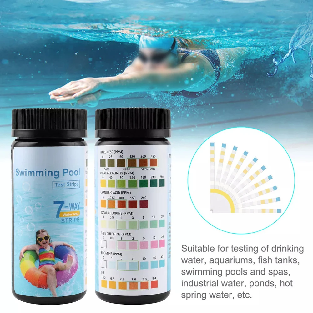 

100PCS 7in1 Dip Test Strips Swimming Pool Water For Hot Tub SPA PH Tester Paper For Total Alkalinity Detection