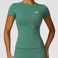 Vêtements de yoga pour femmes, T-shirt de sport à manches courtes, col rond, respirant, élastique, pour la gym, le yoga, amincissant, haut de sport d'été 3